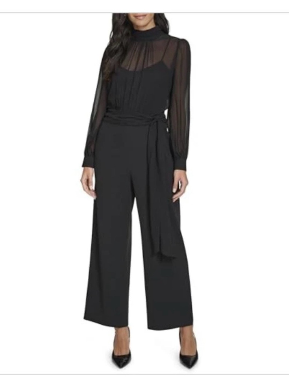 Calvin Klein Black Long-Sleeve Sheer-Yoke Jumpsuit with Waist Tie